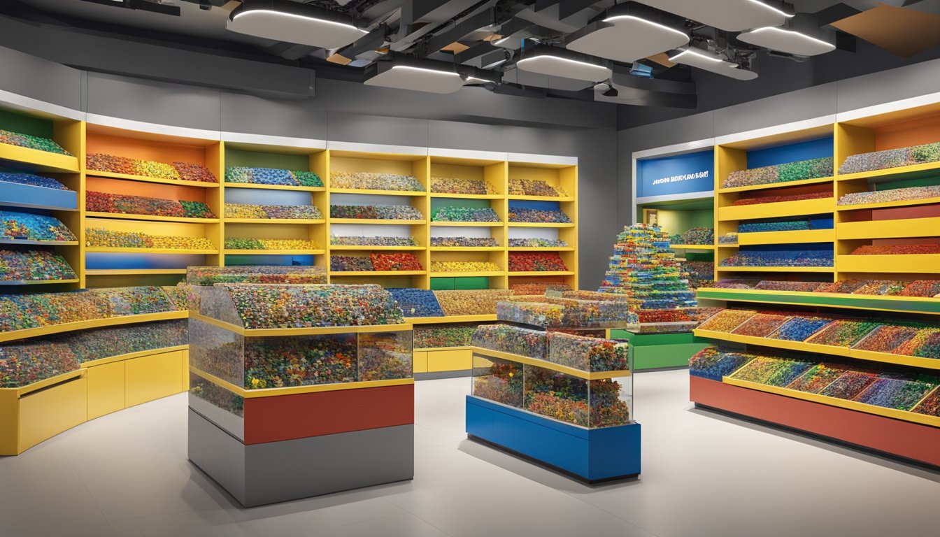 A colorful display of LEGO sets in a well-lit store in Singapore, with shelves neatly organized and a variety of boxes showcasing different themes and sizes