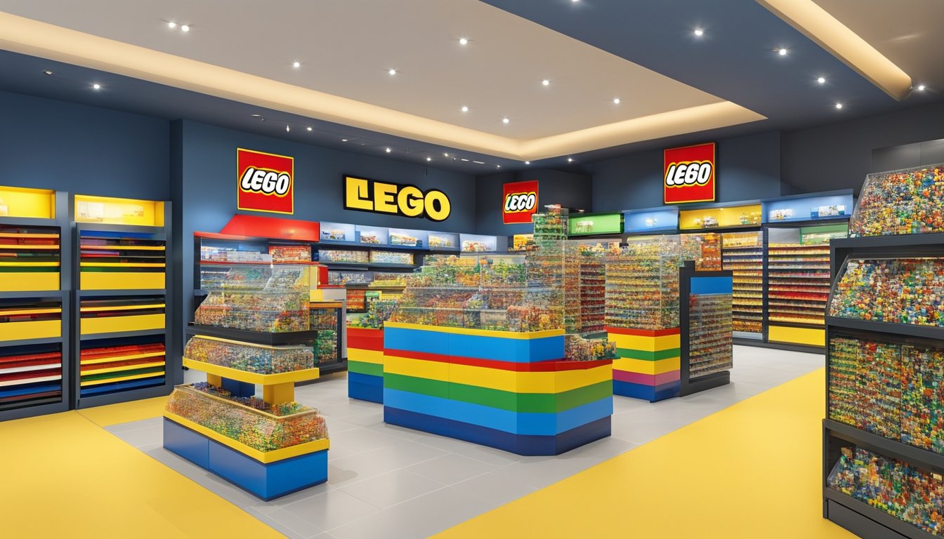 A colorful display of various LEGO sets and accessories in a well-lit and organized store in Singapore. The shelves are neatly stocked with boxes and bins of LEGO pieces, creating an inviting atmosphere for LEGO enthusiasts