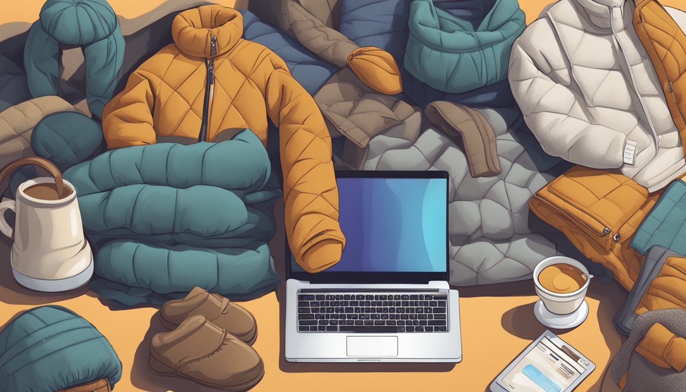 A person browsing through various down jackets online, with a laptop and credit card in hand, surrounded by cozy winter accessories