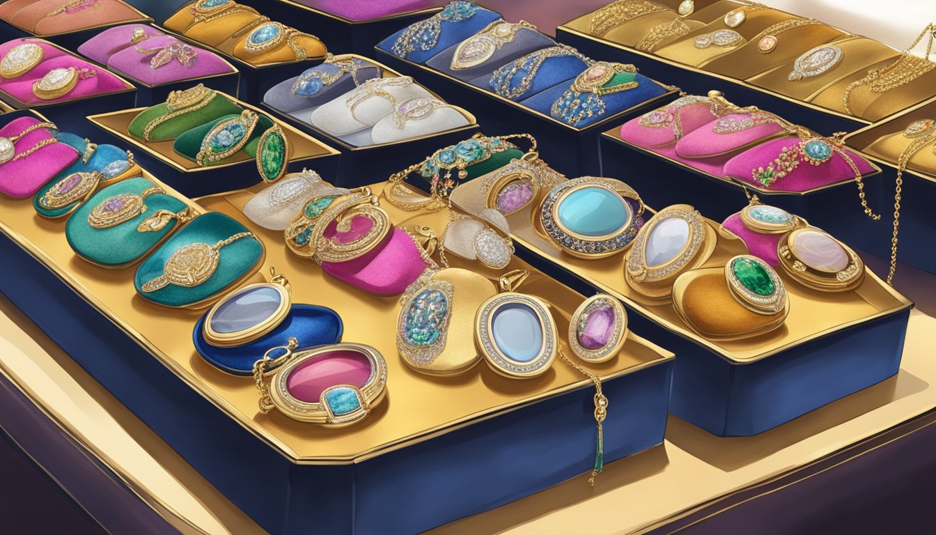 A display of locket necklaces in a Singapore jewelry store, with various designs and styles showcased on velvet-lined trays