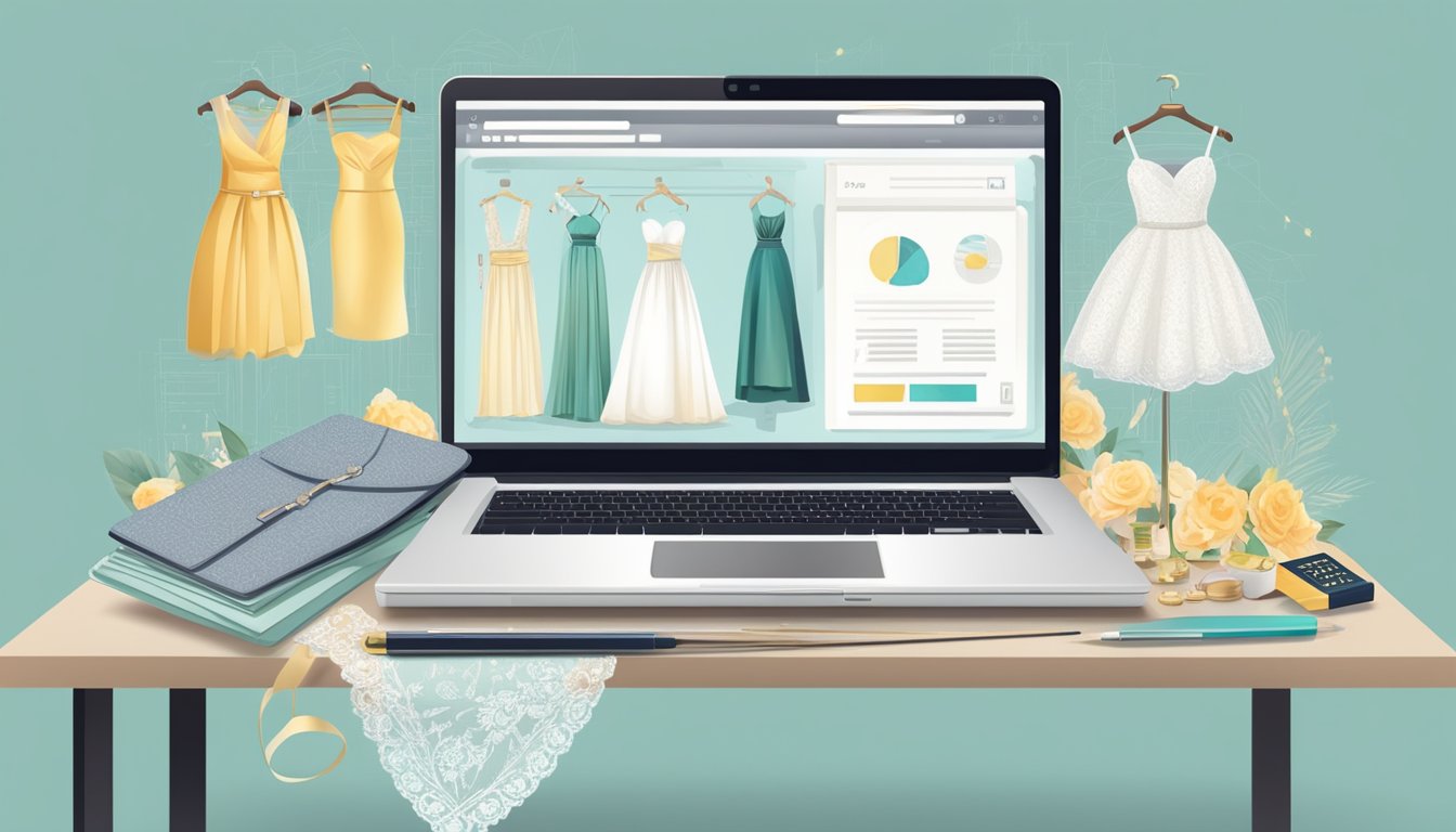 A laptop displaying a website with a variety of wedding dresses, a credit card, and a measuring tape on a table