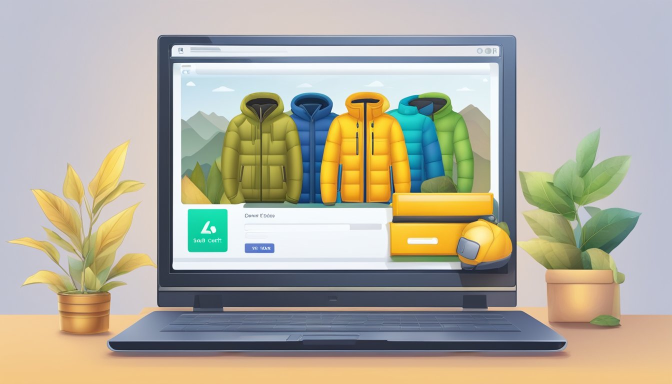 A computer screen displaying a down jacket for sale. A cursor hovers over the "add to cart" button. A secure payment page is visible in the background