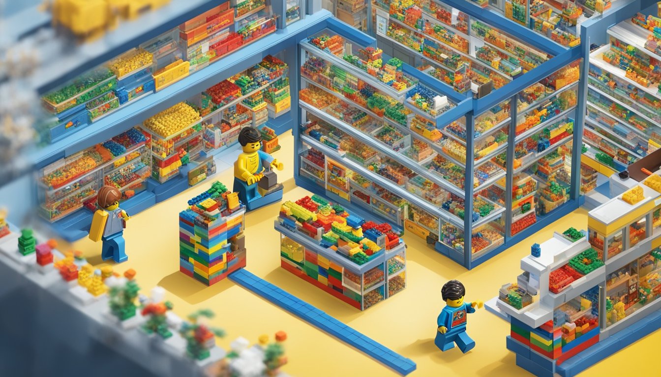 A brightly lit store with shelves stocked with colorful Lego sets. A sign reads "Frequently Asked Questions: Where can I buy Lego in Singapore?" Customers browse the aisles, some holding boxes of Lego sets