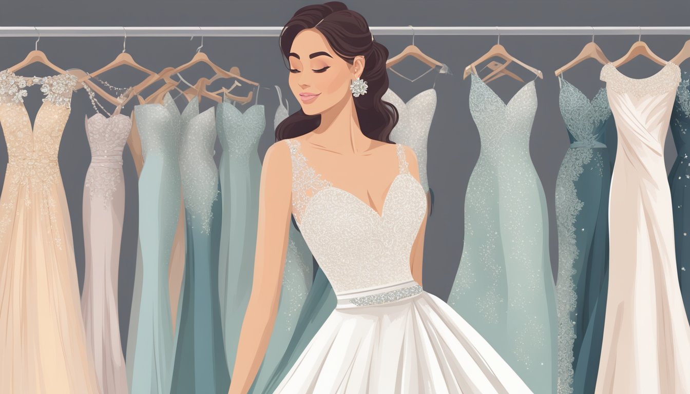 A bride-to-be browsing through a variety of wedding gowns online, surrounded by a selection of elegant and beautiful dresses in different styles and designs