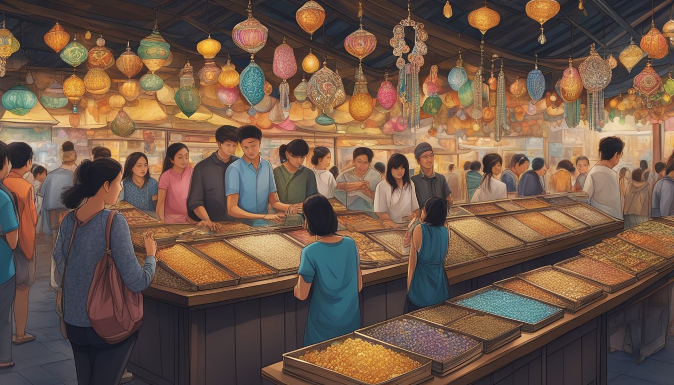 A bustling market stall displays an array of intricate locket necklaces in Singapore, with vibrant colors and delicate designs catching the eye of passersby