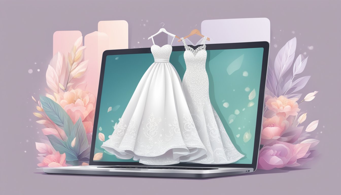 A laptop displaying a beautiful wedding dress on a website, with a secure checkout process and various payment options