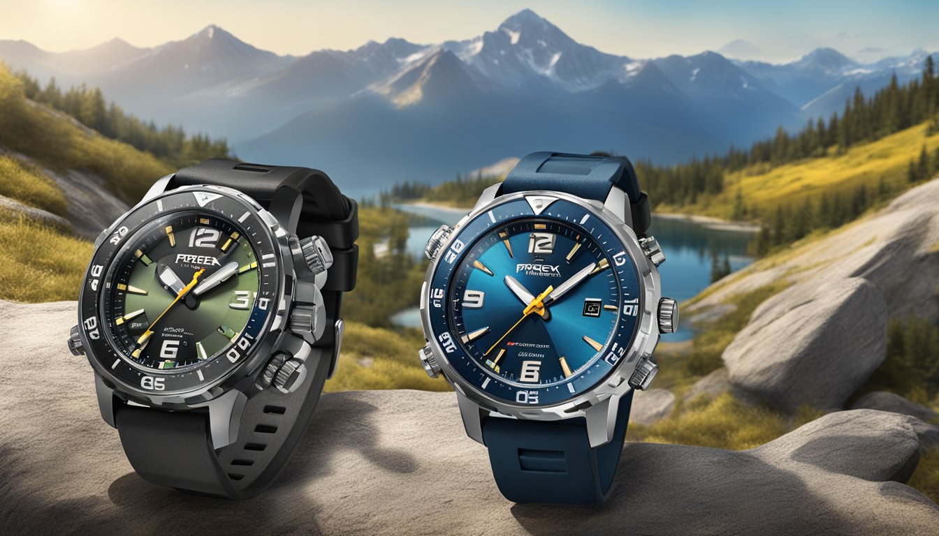 A rugged mountain landscape with a clear sky and a prominent display of ProTrek watches available for purchase online