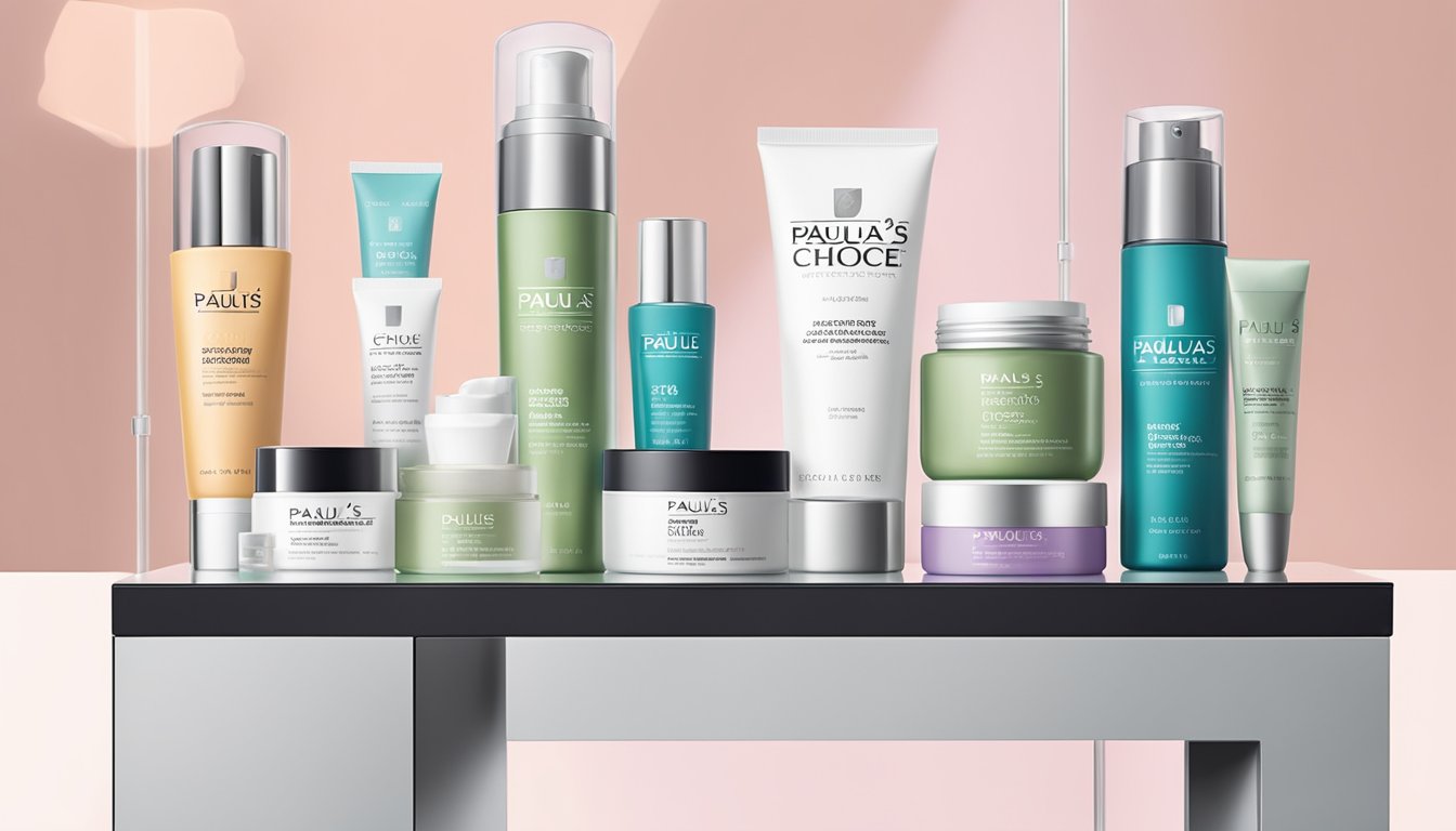 A table with Paula's Choice skincare products neatly arranged, a mirror reflecting the products, and a soft, natural light illuminating the scene