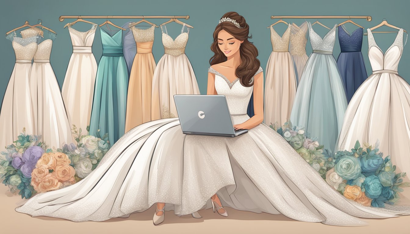 A bride browsing through a variety of wedding dresses online, with a laptop or mobile device in hand, surrounded by a selection of beautiful gowns and accessories