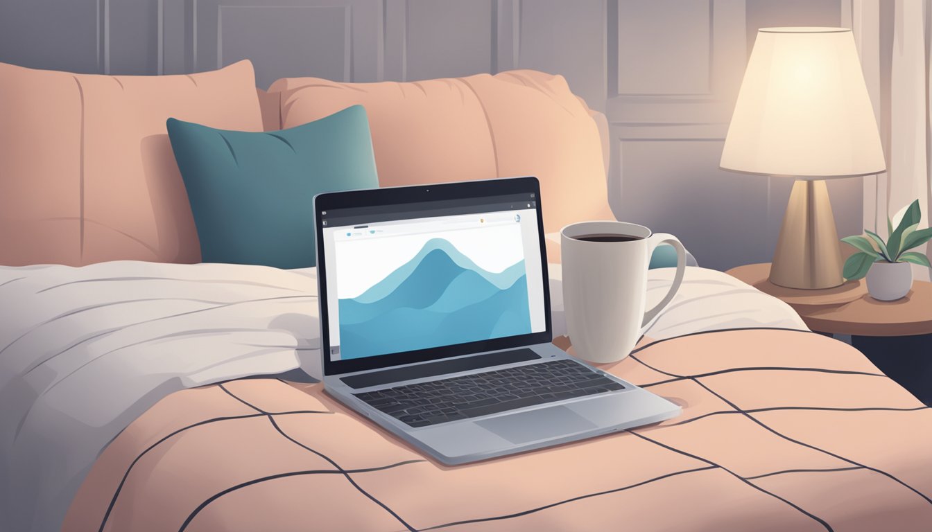 A laptop on a cozy bed, with a cup of tea and a tablet showing an online store selling various nightwear options