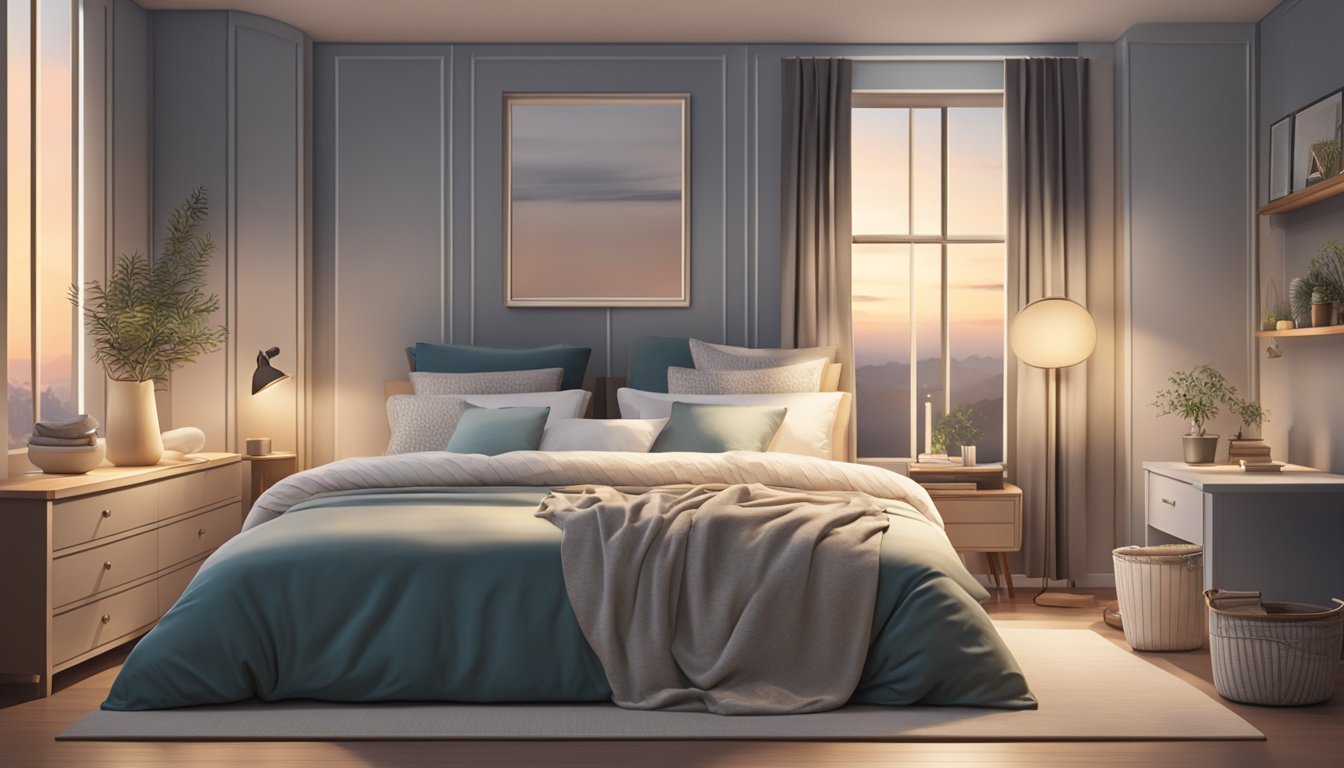 A cozy bedroom with a variety of stylish nightwear options displayed on a neatly made bed, with soft lighting and a calm, inviting atmosphere