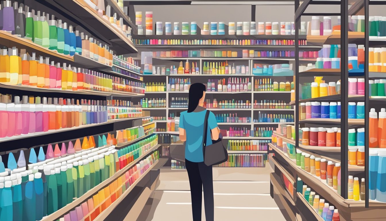 A bustling art supply store in Singapore, shelves stocked with vibrant acrylic paints in various colors and sizes, customers browsing and selecting their preferred tubes and bottles