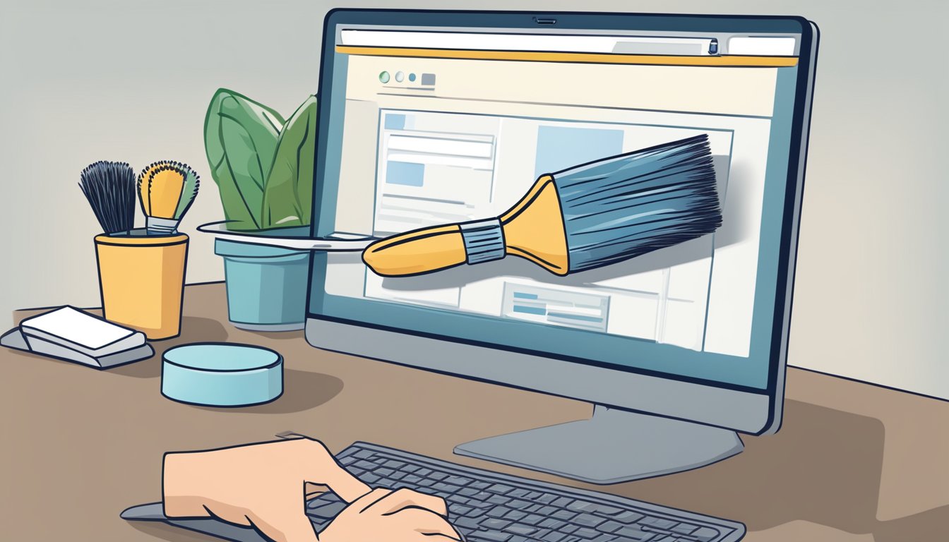 A hand reaches for a shaving brush on a computer screen with a "buy now" button