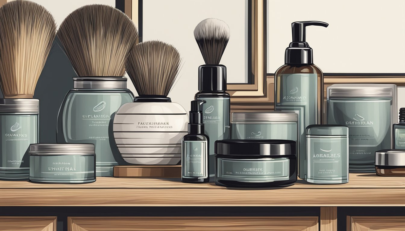 A hand reaches for a luxurious shaving brush on a polished wooden shelf, surrounded by other grooming products. The soft bristles and elegant handle exude quality and sophistication