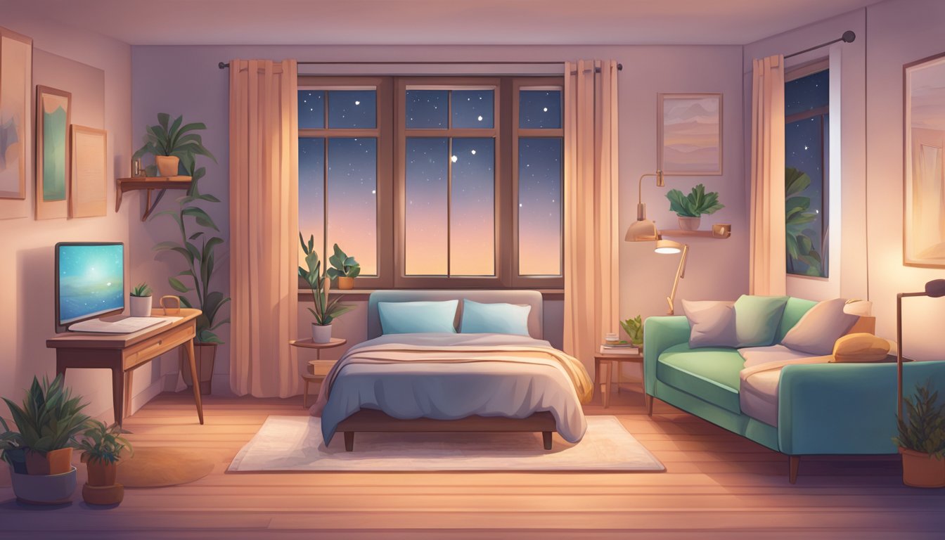 A laptop displaying a variety of nightwear options on a website, with a secure payment screen and a cozy bedroom setting in the background