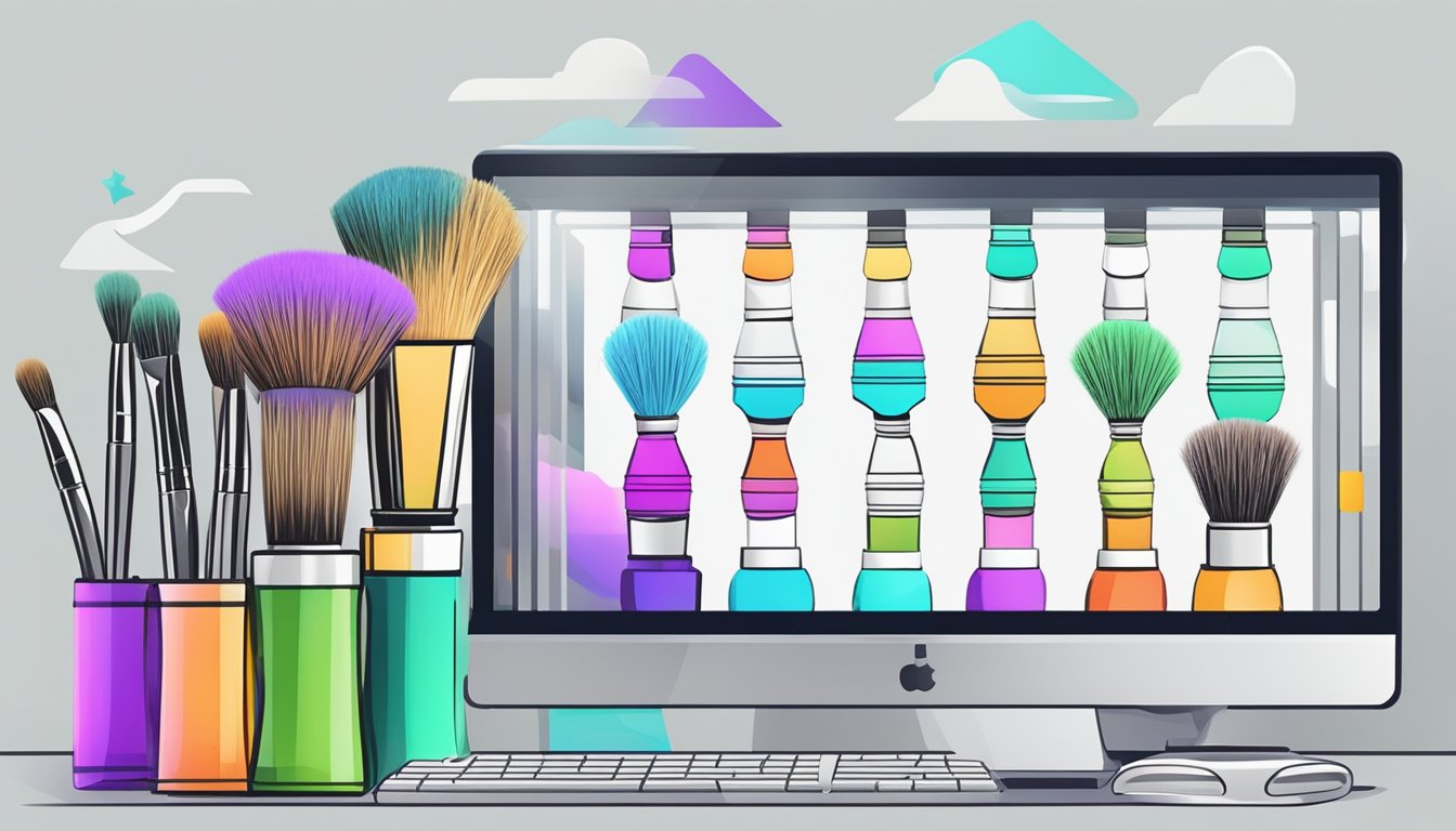 A computer screen displays a variety of shaving brushes for sale on an online shopping website. A cursor hovers over the "Add to Cart" button