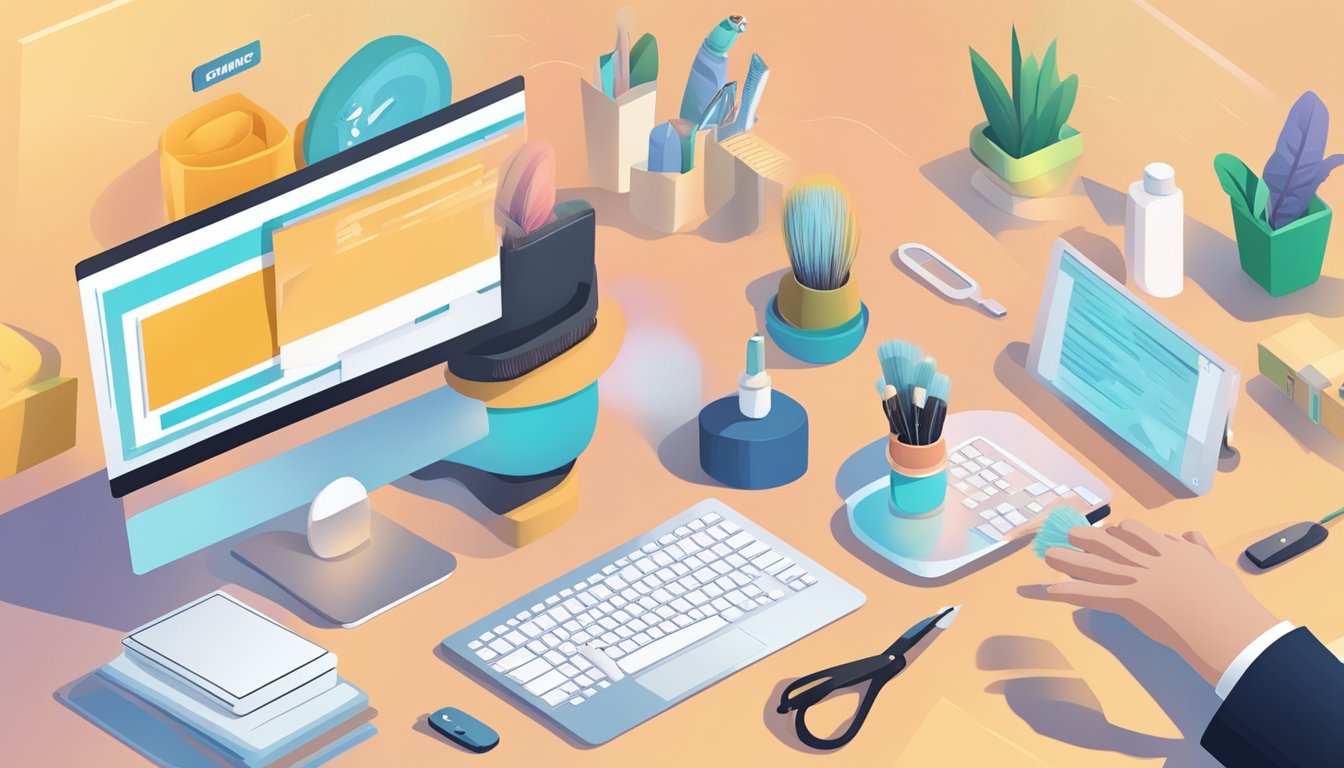 A hand reaches for a shaving brush on a computer screen, surrounded by FAQ text and online shopping options