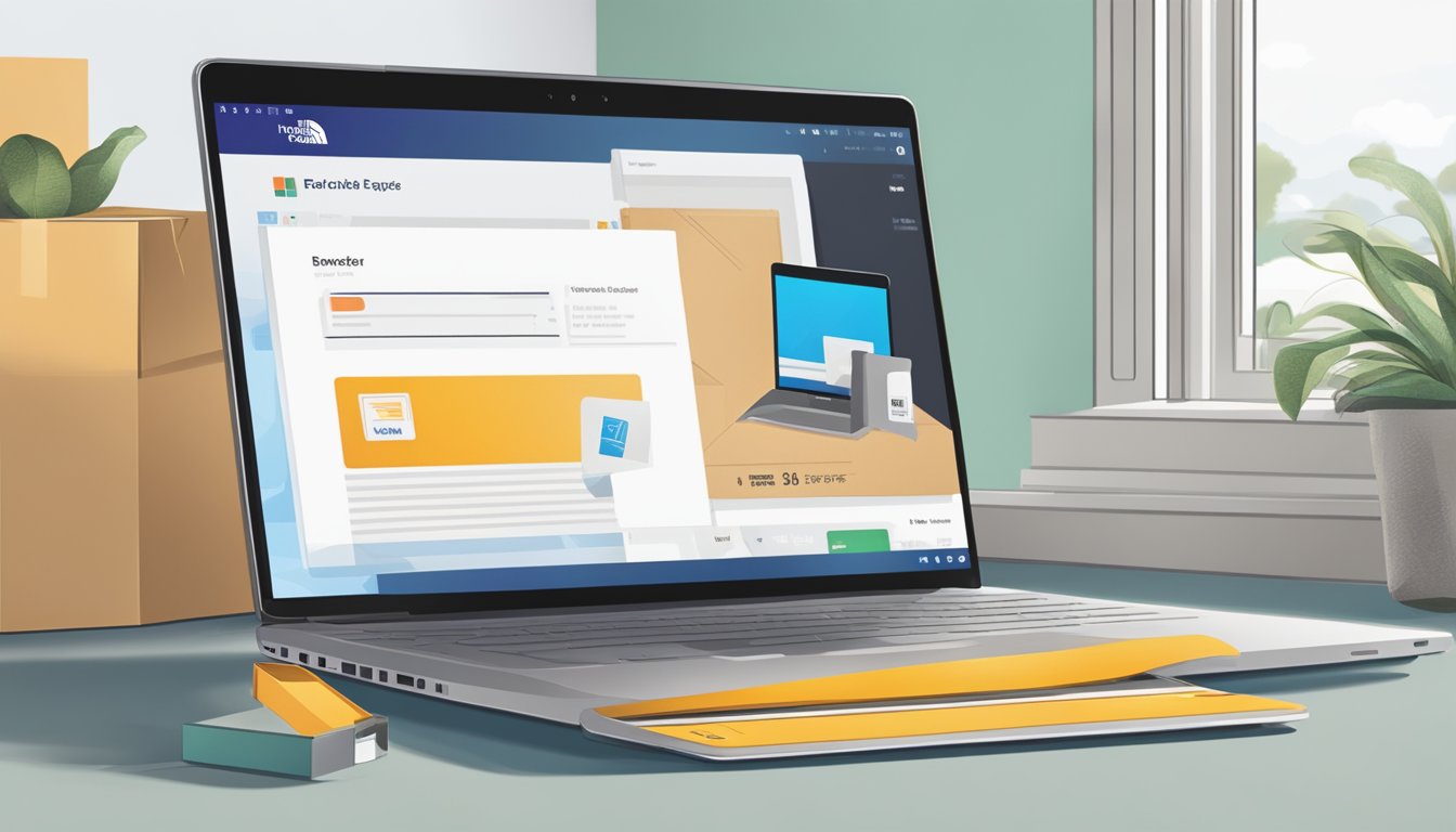 A laptop with a browser open to the North Face website, a credit card, and a package on a doorstep