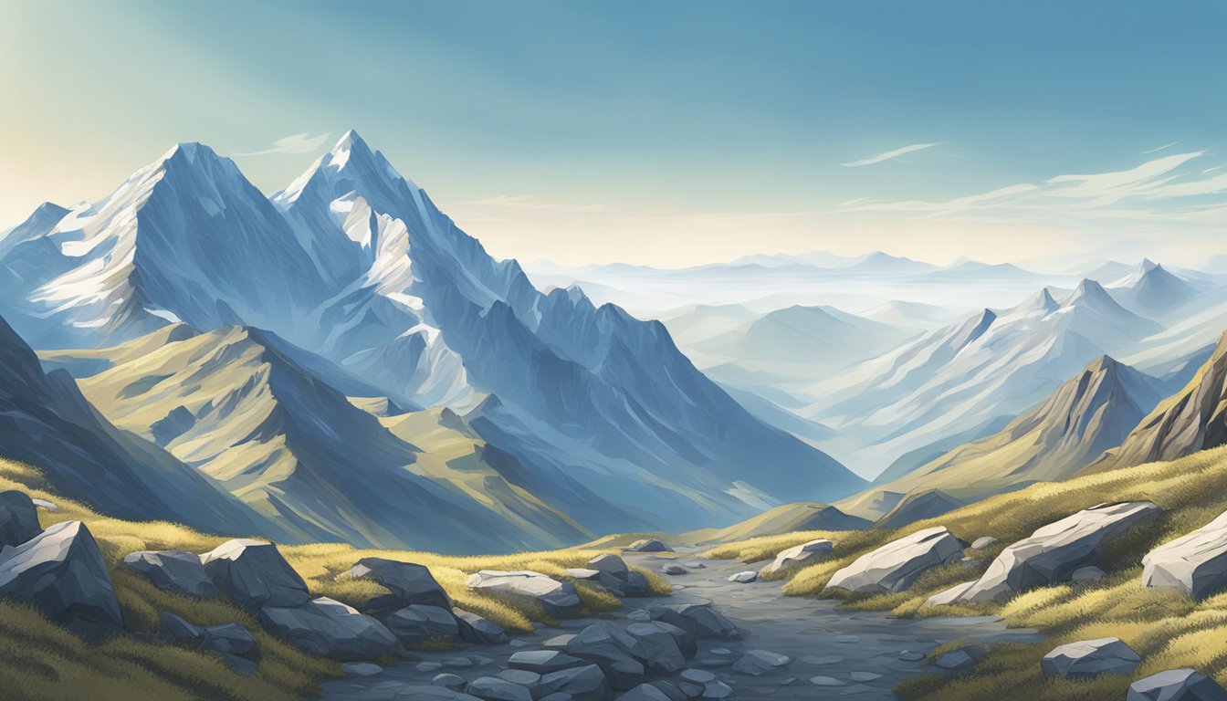 A mountainous landscape with a clear blue sky, featuring a rugged terrain and a prominent North Face logo on a digital screen