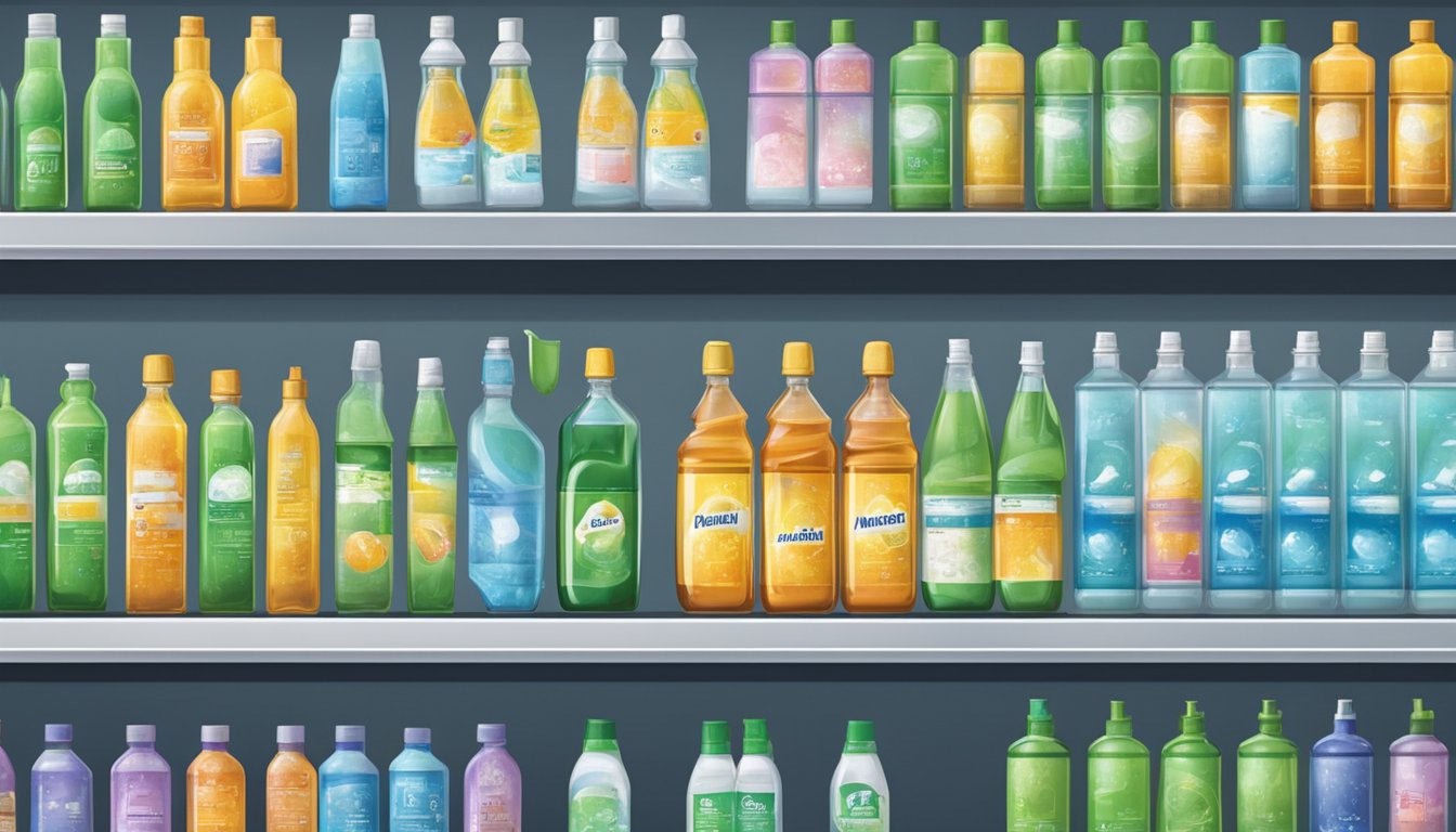 A store shelf displays bottles of ammonia solution in Singapore