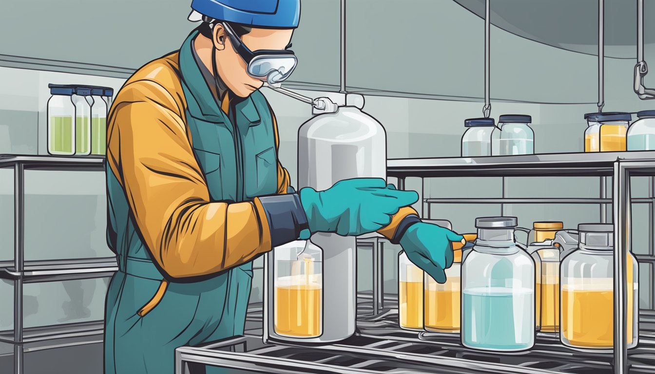 A person pouring ammonia solution into a labeled container in a well-ventilated area with safety goggles and gloves nearby
