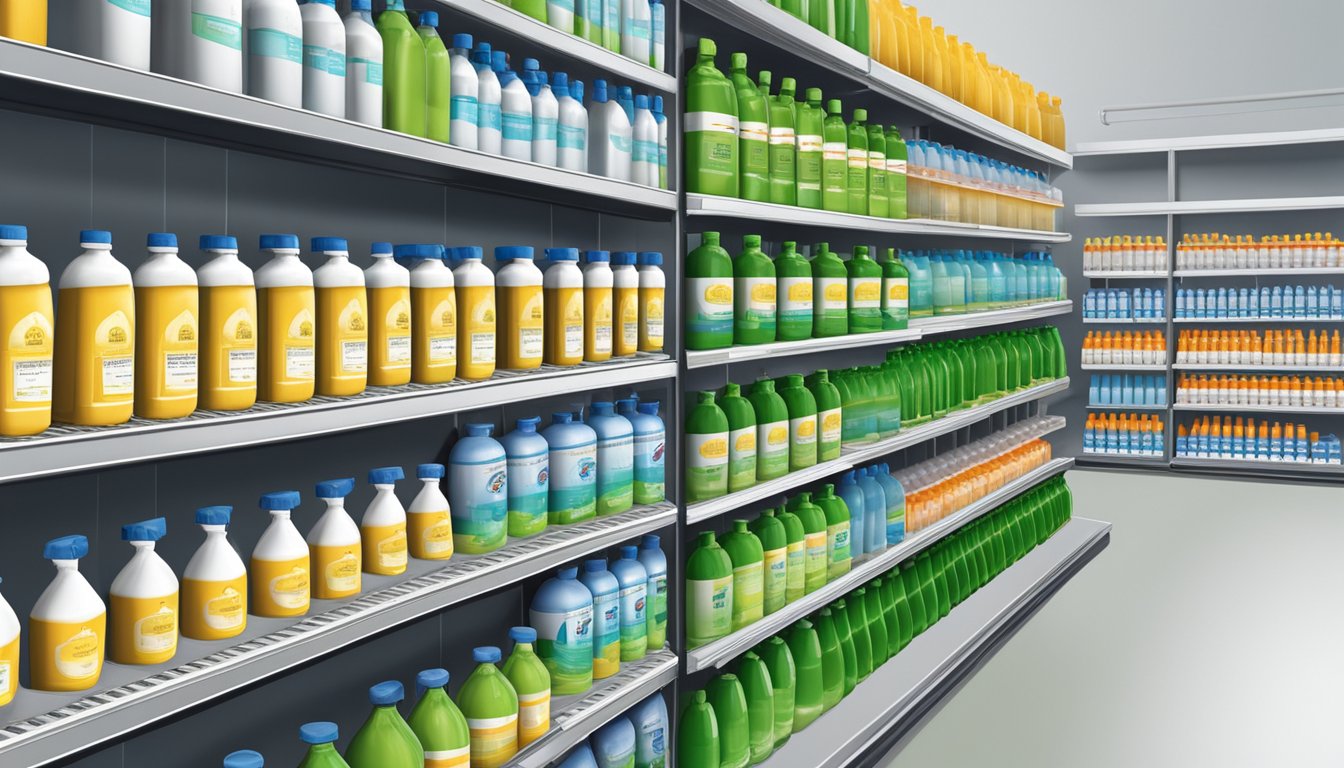 An industrial store shelf stocked with ammonia solution bottles in Singapore