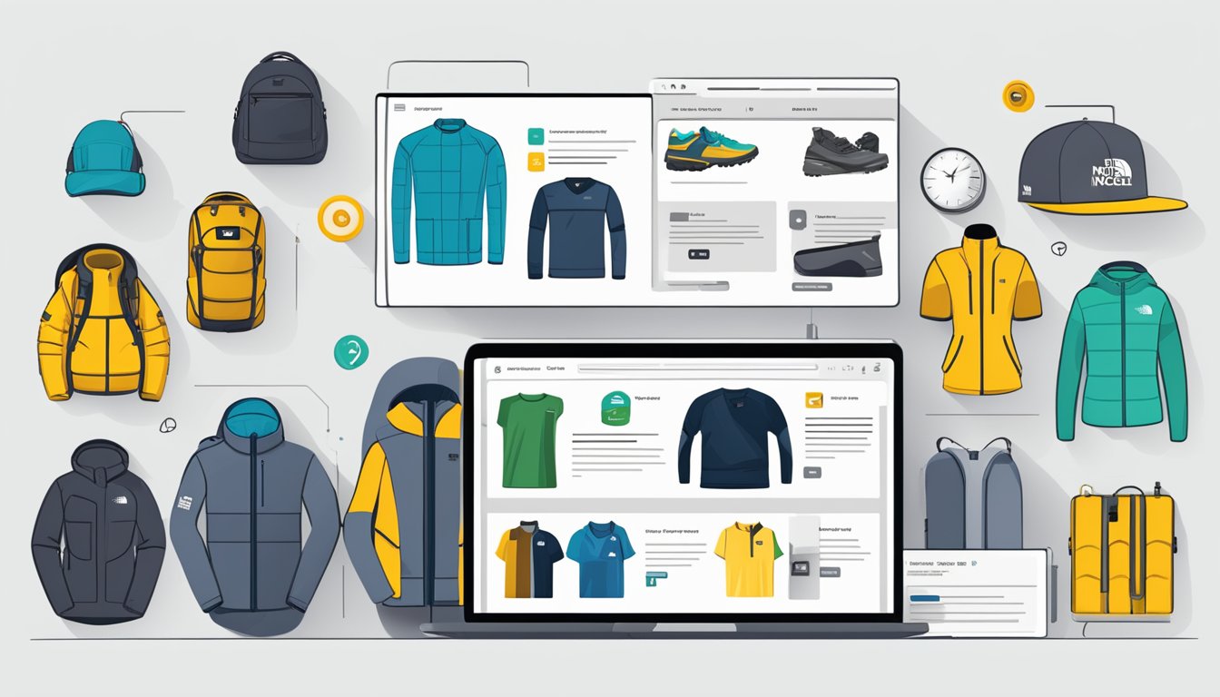 Customers browsing online FAQ page for North Face products. Logo and search bar prominent on webpage. Categories and questions listed for easy navigation