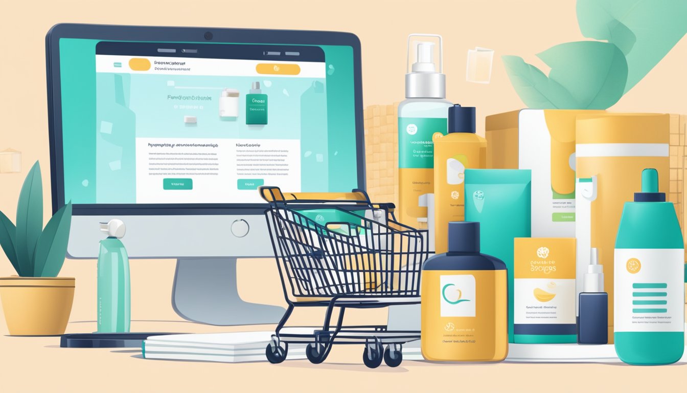 A computer screen displaying a website with the title "Frequently Asked Questions buy sothys online" surrounded by various skincare products and a shopping cart icon