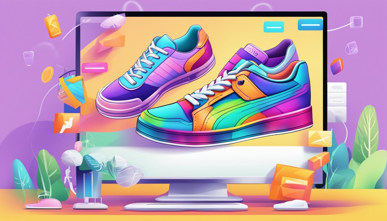 A computer screen displays a variety of colorful sneakers on an online shopping website, with the cursor hovering over the "Add to Cart" button