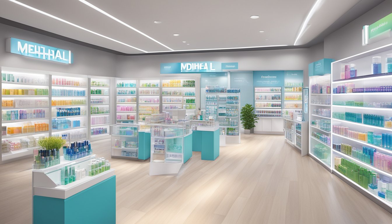 A bright and modern skincare store in Singapore displays shelves stocked with various Mediheal mask products