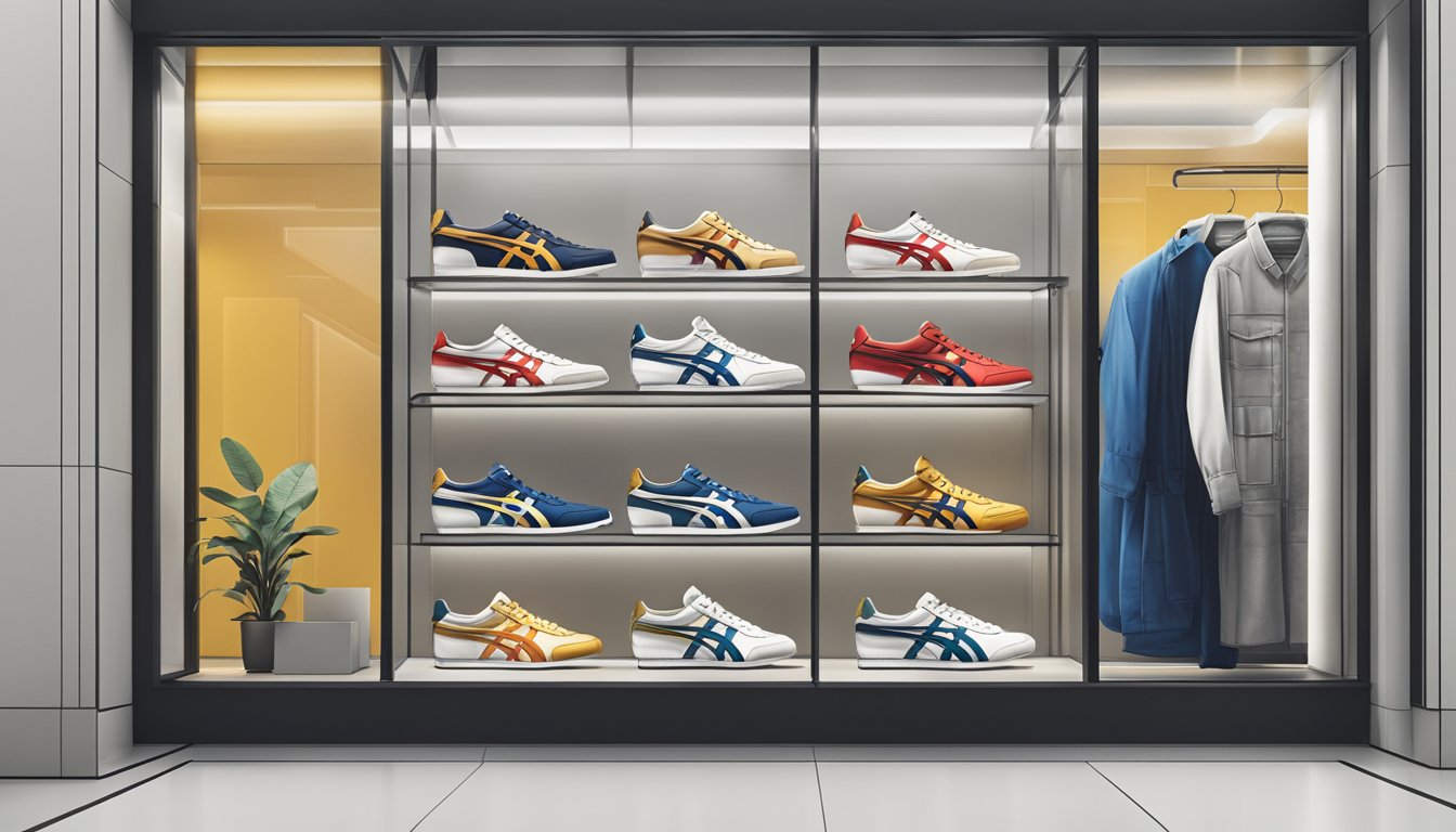 A pair of Onitsuka Tiger sneakers sit on display in a sleek Singaporean storefront