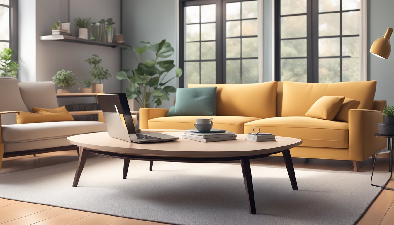 A cozy living room with a sleek, modern table as the centerpiece. Online shopping website displayed on a laptop nearby
