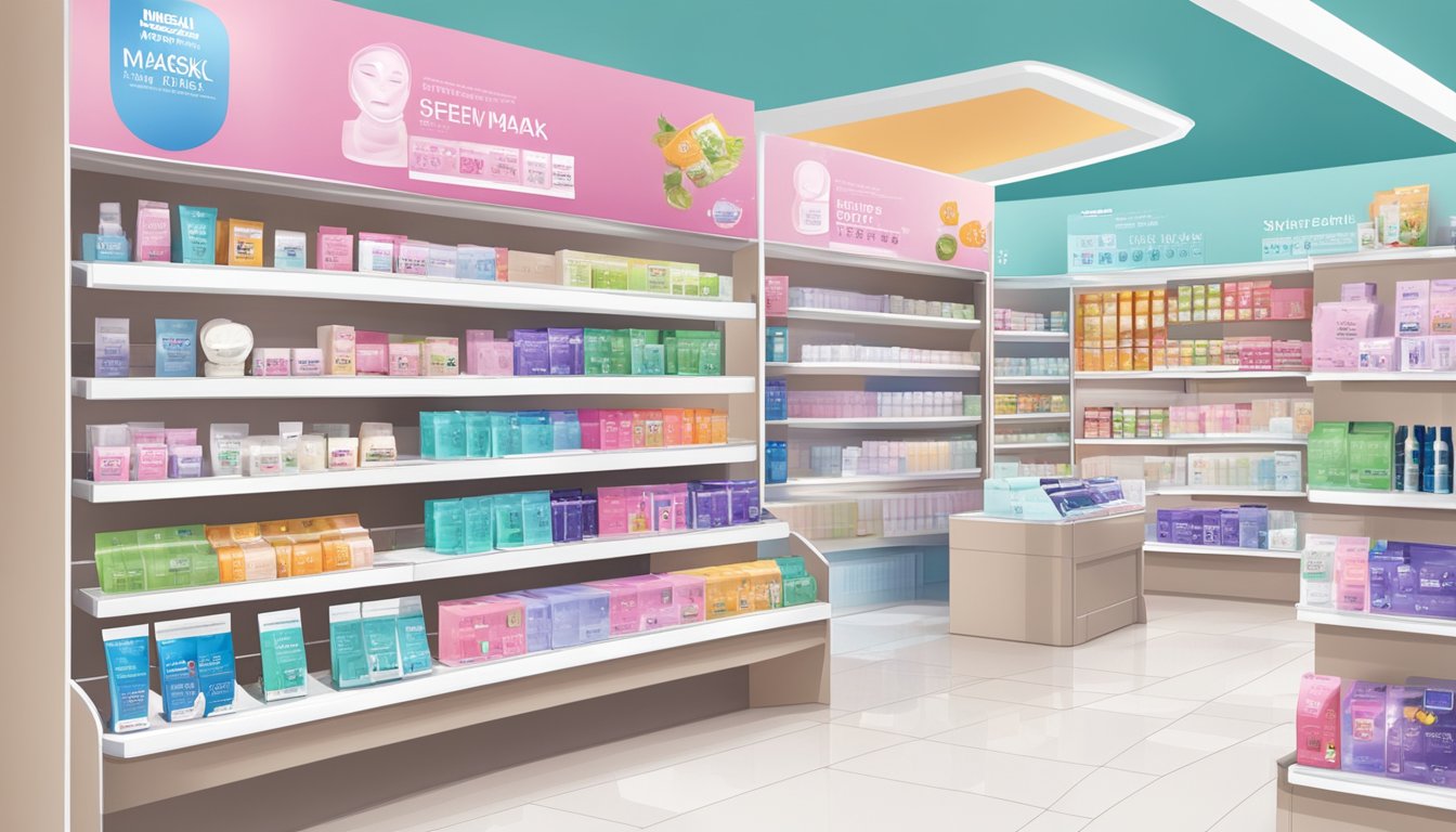 A shelf in a Singaporean beauty store displays various Mediheal mask products, with price tags and promotional signs