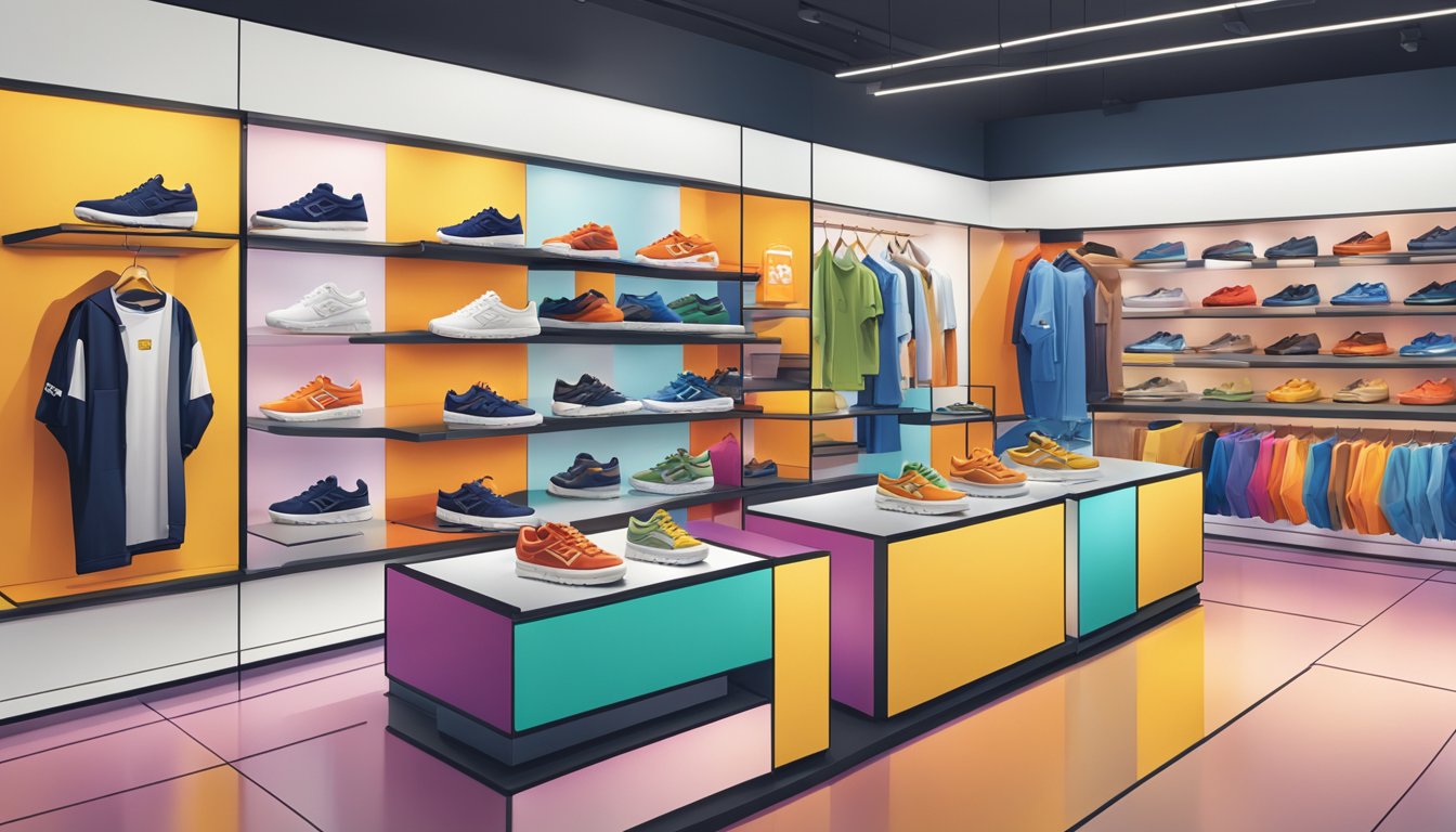 A display of Onitsuka Tiger shoes and apparel in a modern Singaporean storefront. Vibrant colors and sleek designs catch the eye