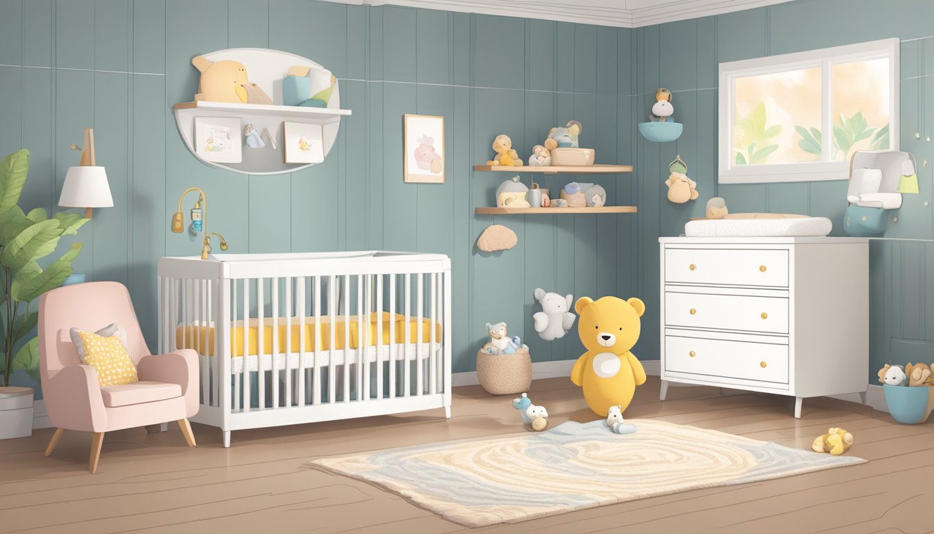A cozy nursery with a modern crib and changing table. A baby monitor sits on a shelf, with soft toys scattered around
