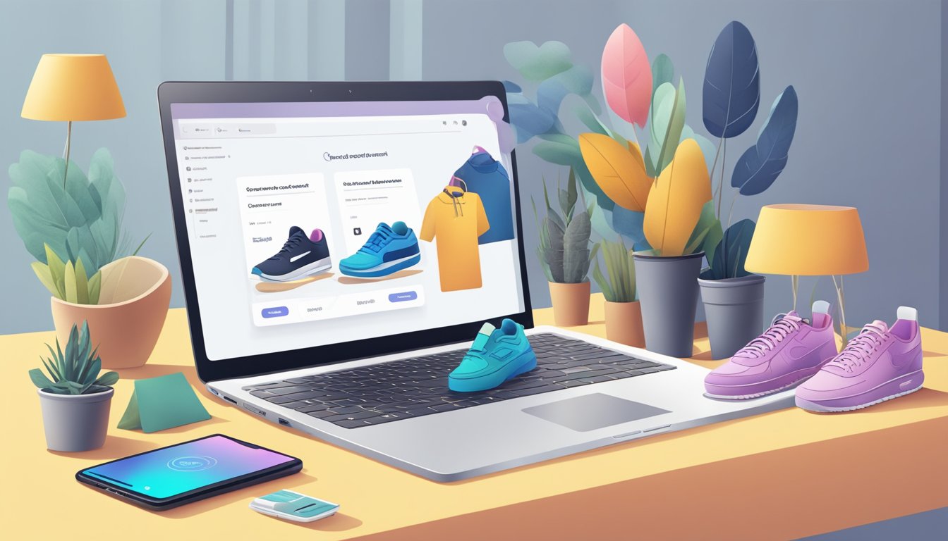 A laptop displaying a variety of stylish sneakers, a smooth checkout process, and a satisfied customer receiving a confirmation email