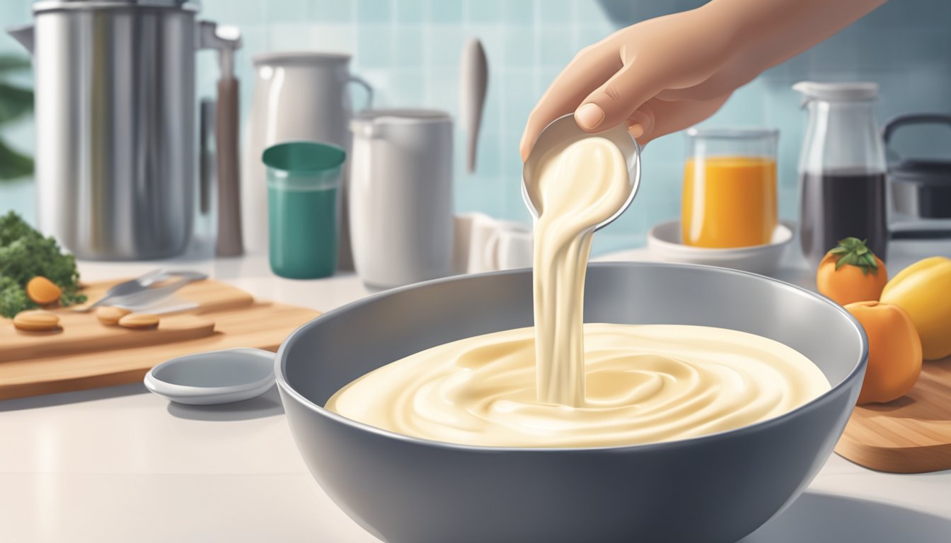 A hand pours heavy cream into a bowl in a modern Singapore kitchen