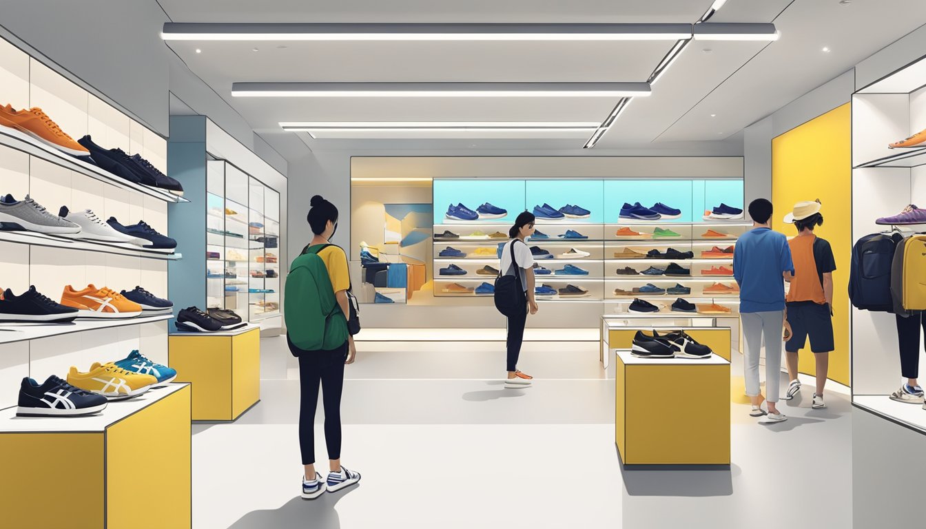 Customers browsing Onitsuka Tiger shoes in a modern, sleek store in Singapore. Bright lighting and clean displays showcase the latest footwear options