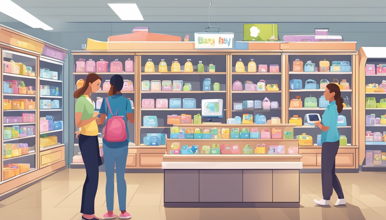 A brightly lit baby store with shelves of baby monitors and a salesperson assisting a customer