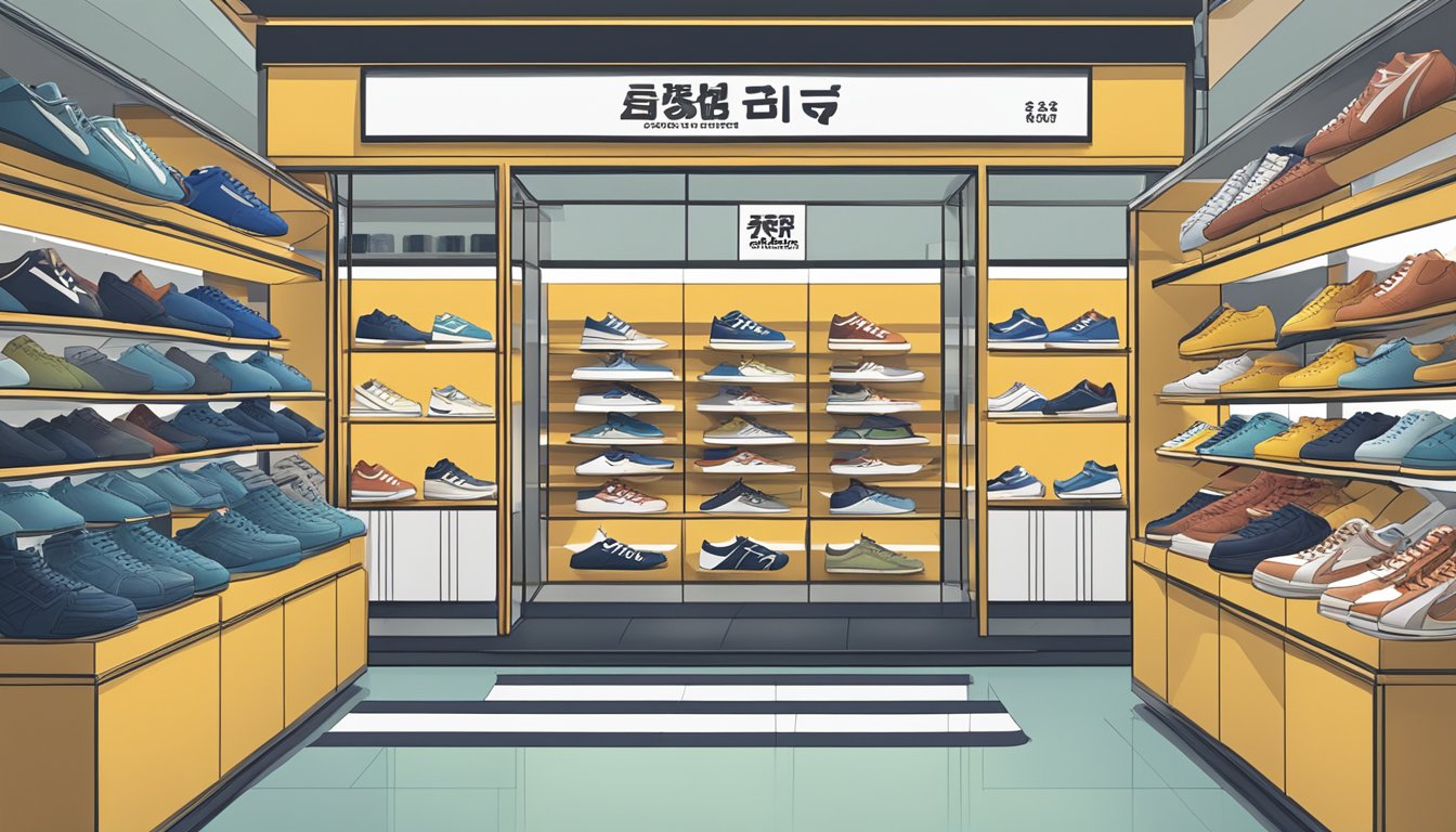 A display of onitsuka tiger shoes with a sign reading "Frequently Asked Questions buy onitsuka tiger singapore" at a retail store