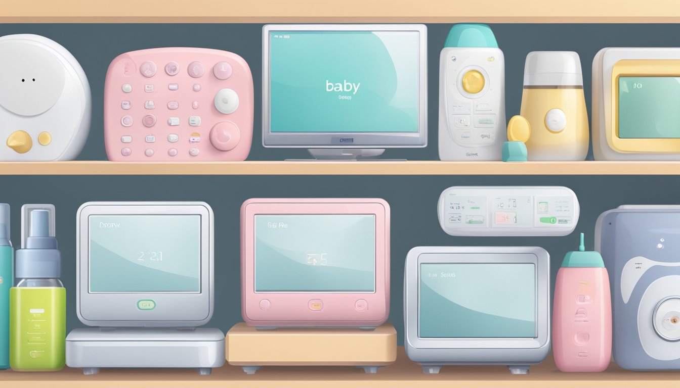 A baby monitor displayed in a Singapore store, surrounded by shelves of other baby products. The monitor is sleek and modern, with a clear display and various buttons for functionality