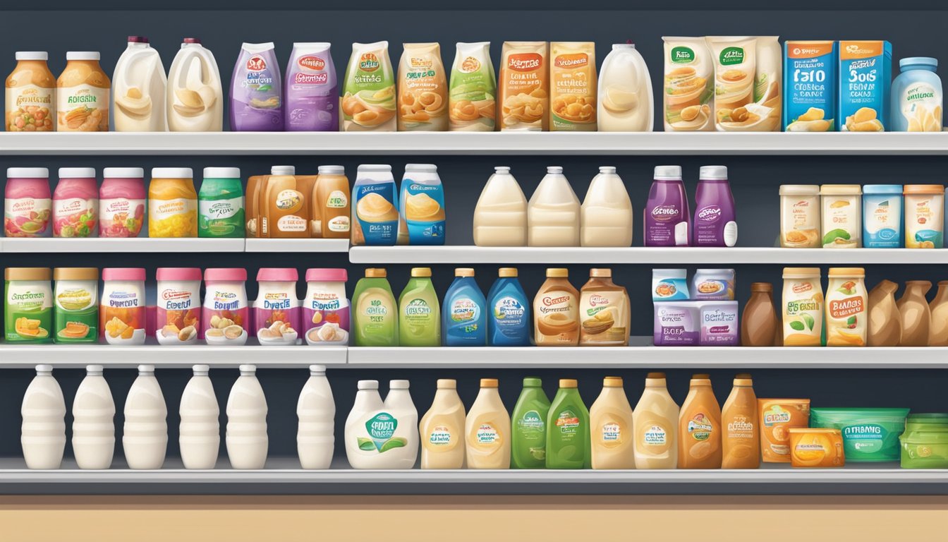 A variety of heavy cream options displayed on shelves in a Singaporean grocery store