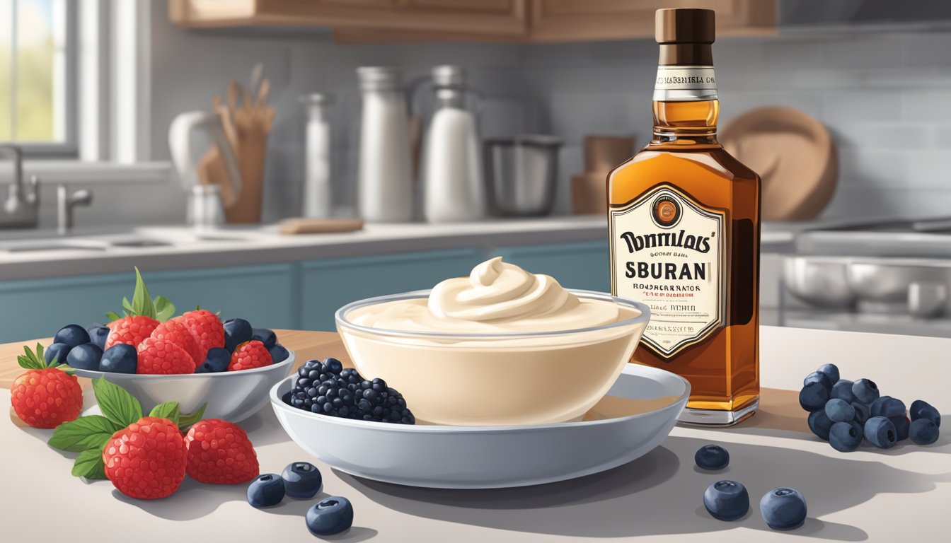 A bowl of heavy cream sits on a kitchen counter next to a whisk and a splash of vanilla extract. A carton of fresh berries and a bottle of bourbon are nearby