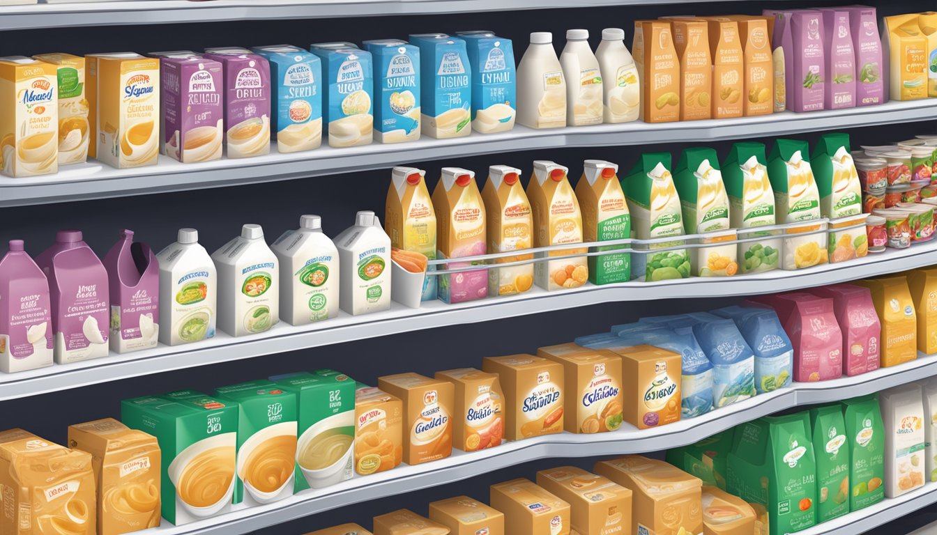 A shelf stocked with heavy cream cartons in a Singapore grocery store
