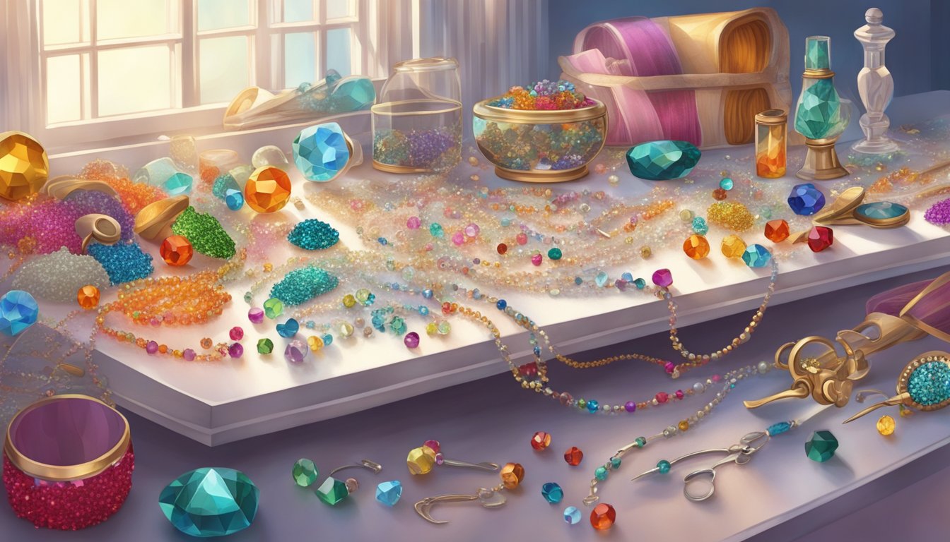A table scattered with Swarovski beads, tools, and colorful threads. A finished jewelry piece shines in the soft light