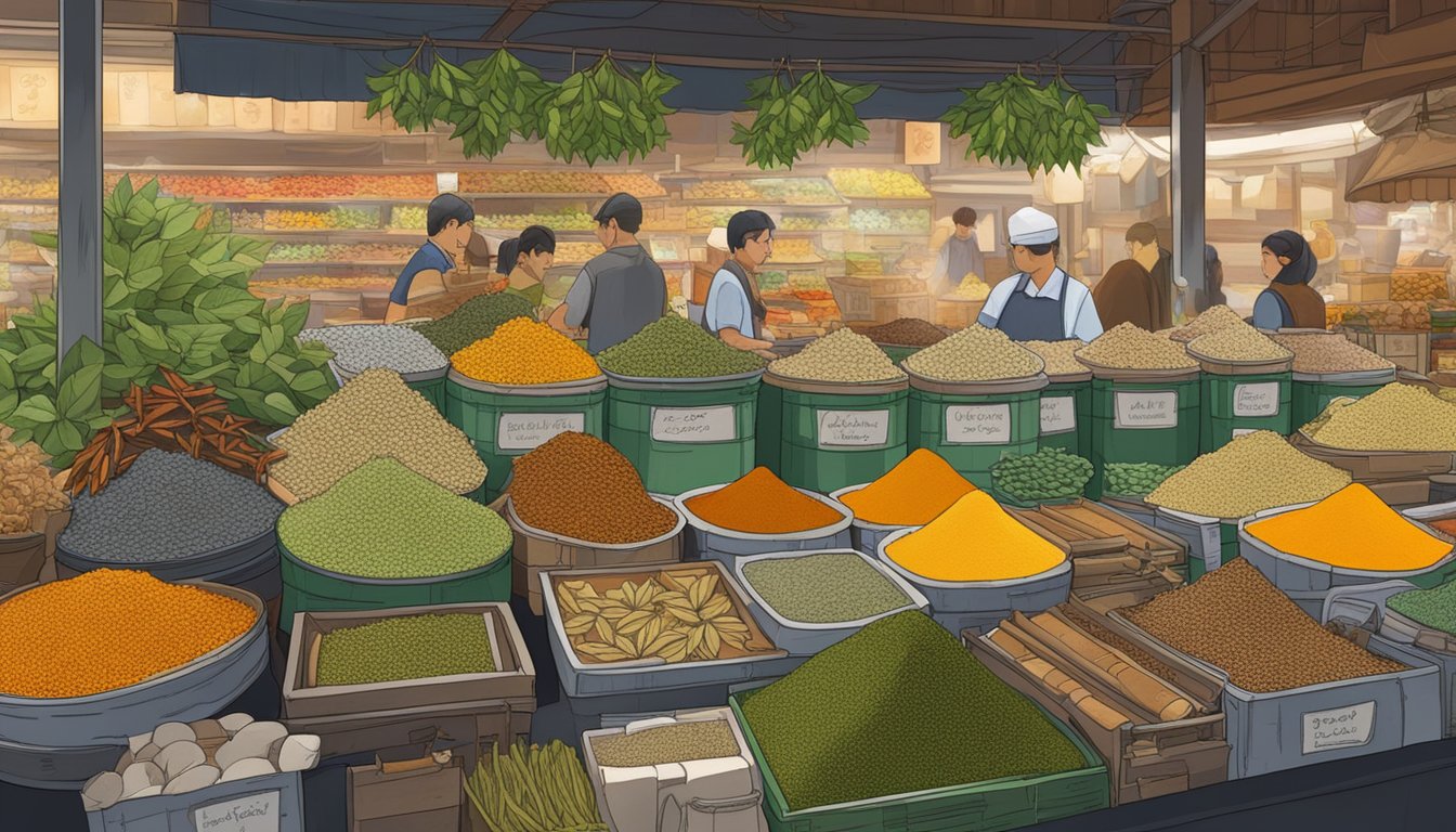 A bustling market stall with neatly arranged jars of bay leaves, surrounded by colorful spices and herbs, in the heart of Singapore
