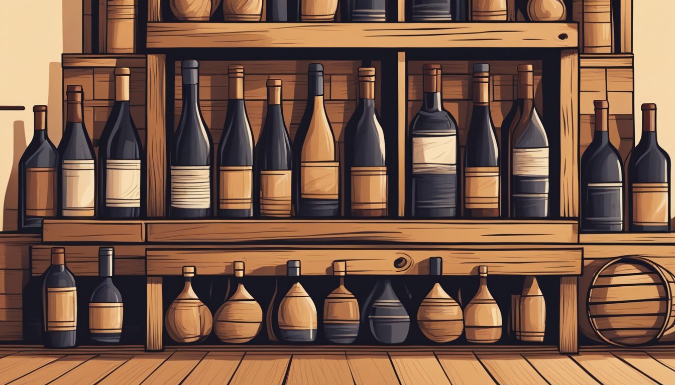 A hand reaches for a wooden wine crate, surrounded by shelves filled with various wine bottles. The warm glow of the room highlights the rustic texture of the crates