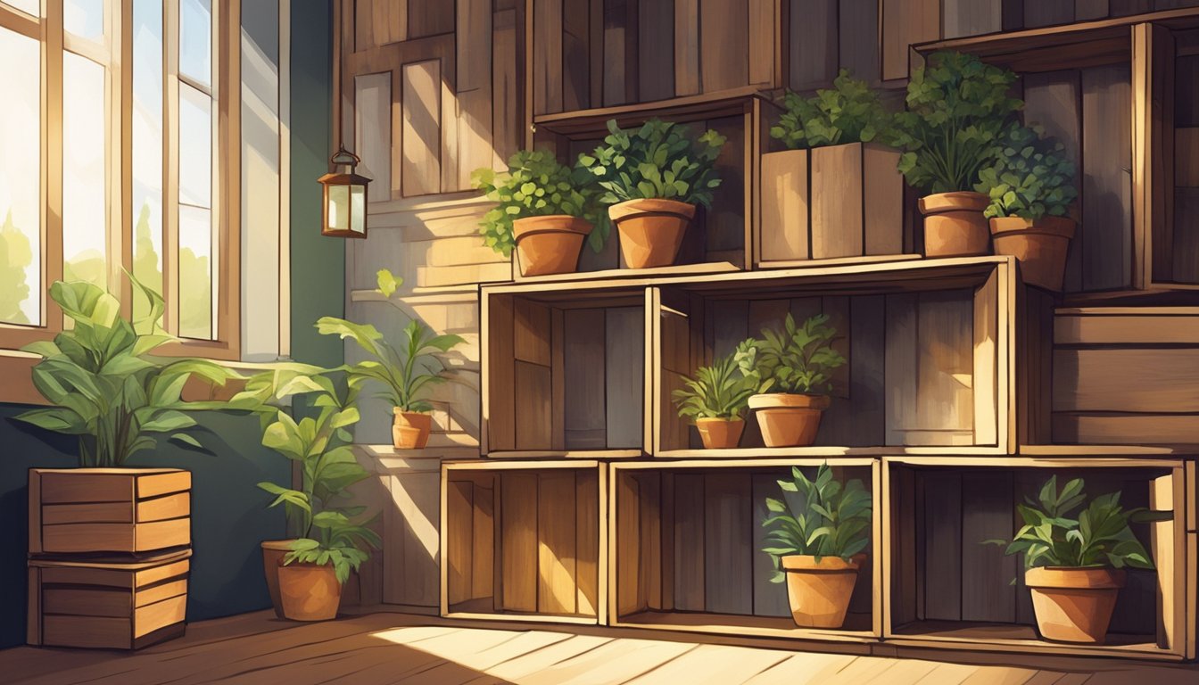 Empty wine crates stacked against a rustic wall, repurposed as shelves for potted plants and vintage knick-knacks. Sunlight streams through a nearby window, casting warm shadows on the wooden crates