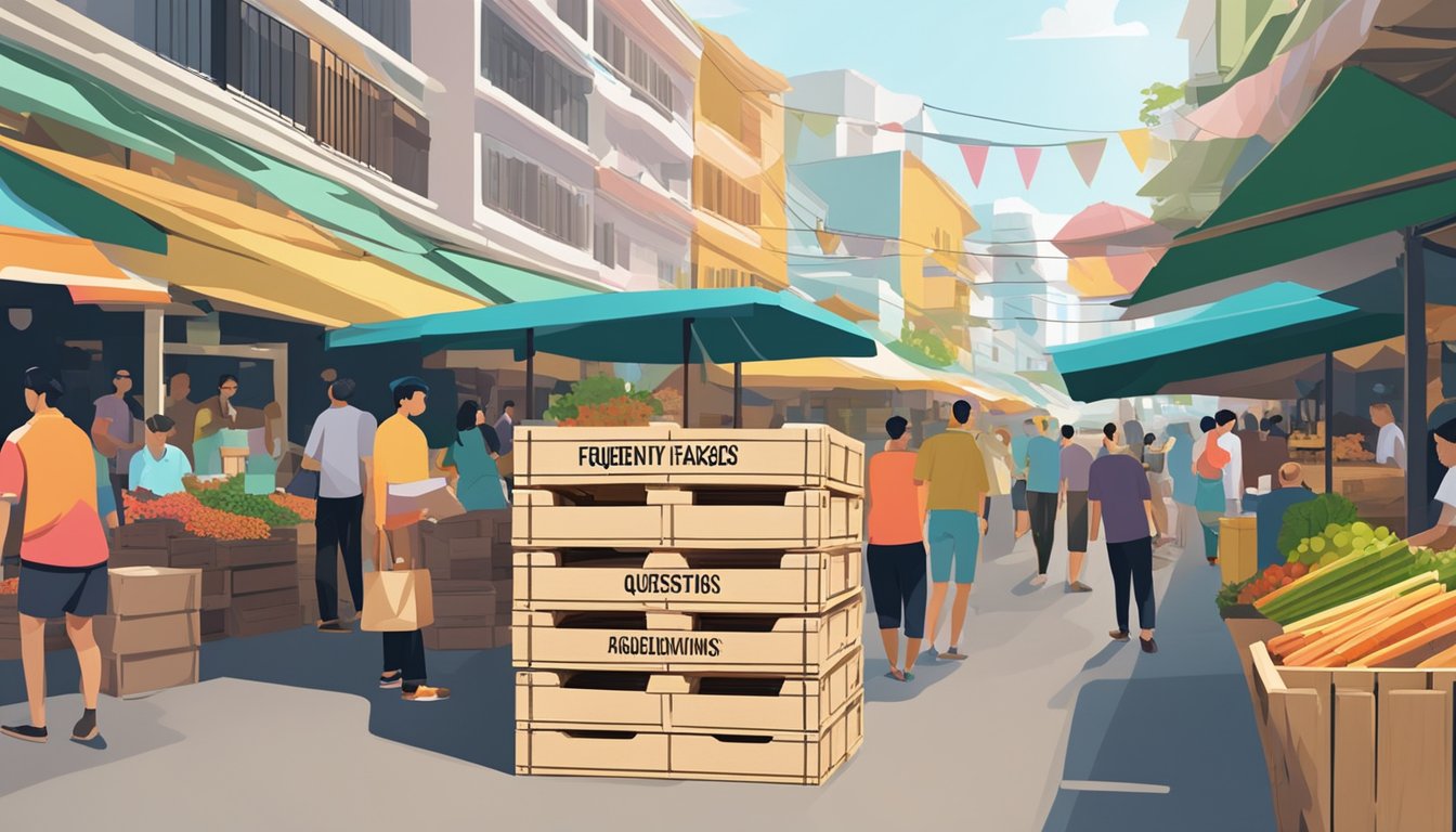 A stack of wooden wine crates with "Frequently Asked Questions" printed on the side, against a backdrop of a bustling Singapore market
