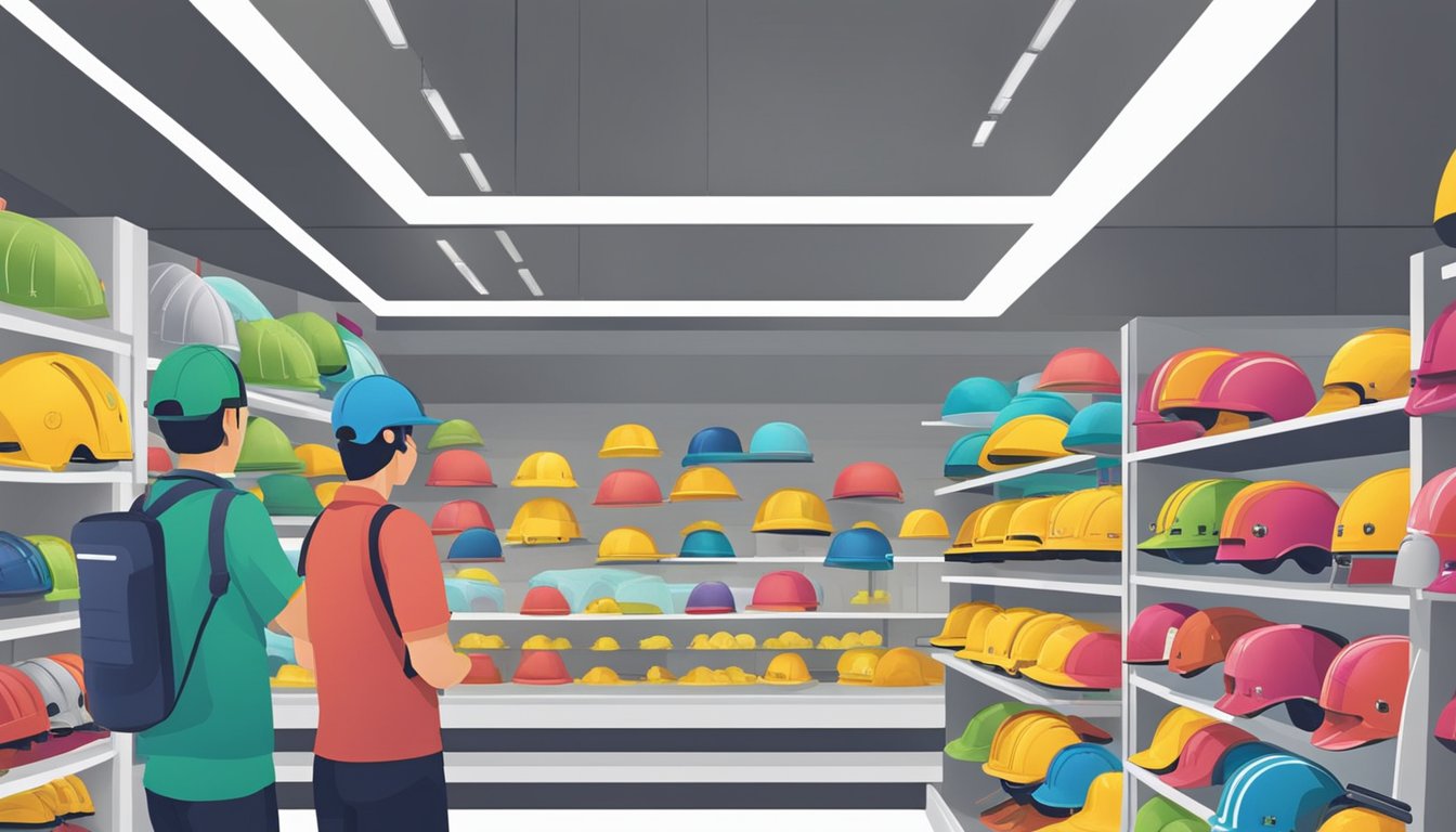 A store in Singapore displays a variety of Bell helmets on shelves, with a salesperson assisting a customer